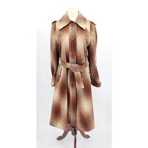 Vtg 70s Miss Gallery Women's S/M Brown & Tan Plaid Retro Wool Trench Coat w/Belt